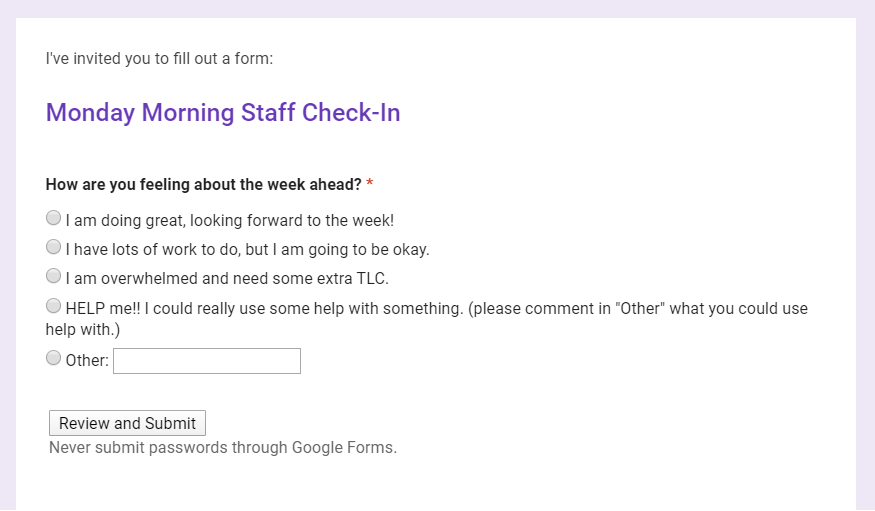 Monday Morning staff check-in